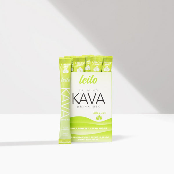 Leilo calming kava drink mix lemon lime flavor box with single-serve sticks on a white background
