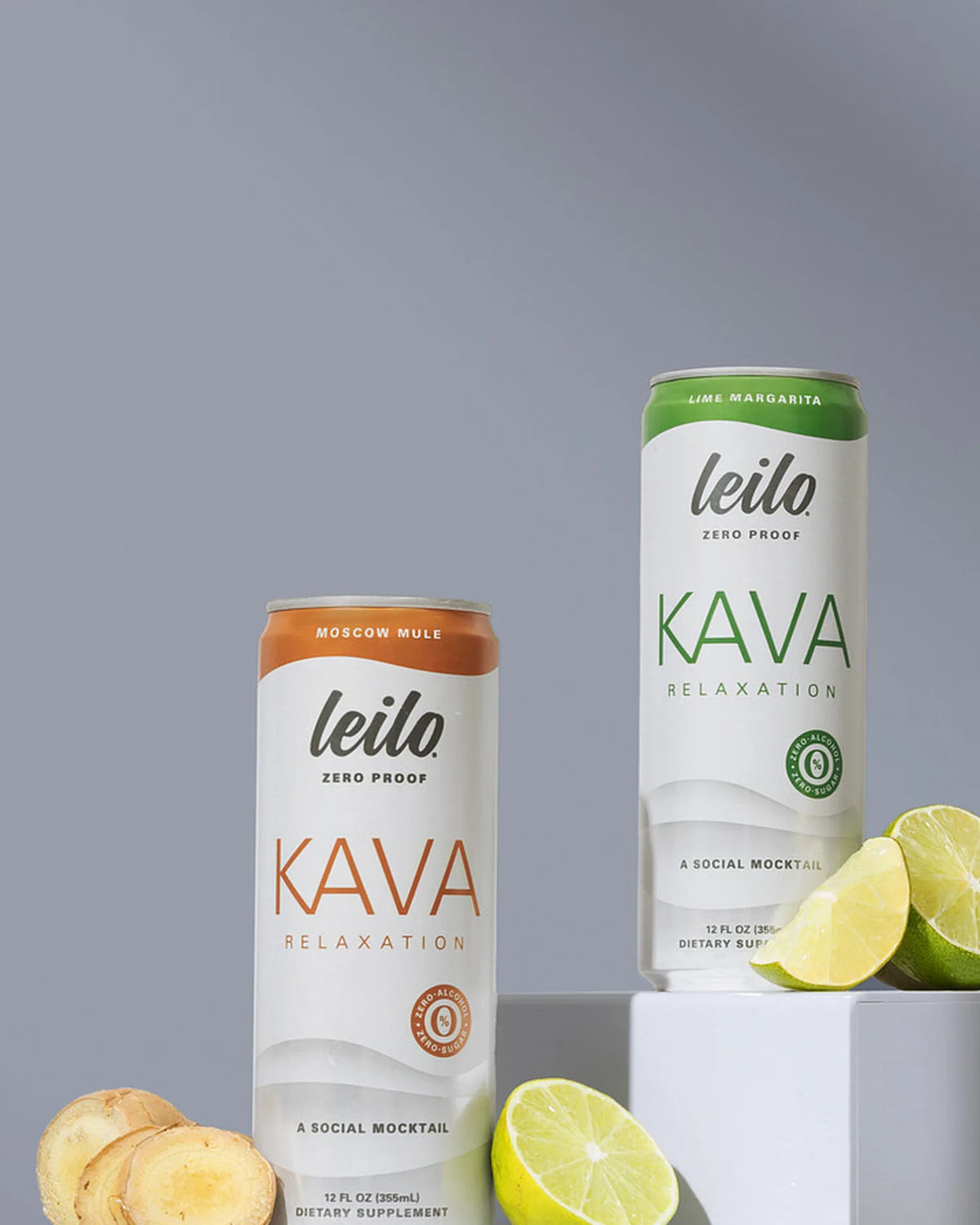 Leilo Moscow Mule and Lime Margarita kava mocktail cans with ginger and lime